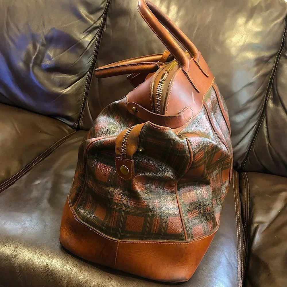RALPH LAUREN Brown Green Top Handle Tartan Plaid Boston Duffle Travel Bag 55cm
